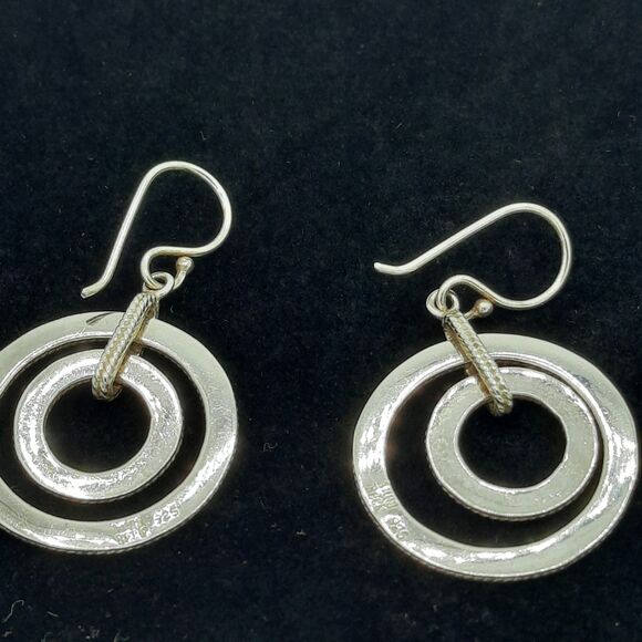 Signed Anna Beck 925 Silver Double Open Circle Dotted Spinner Dangle Earrings - Picture 4 of 5